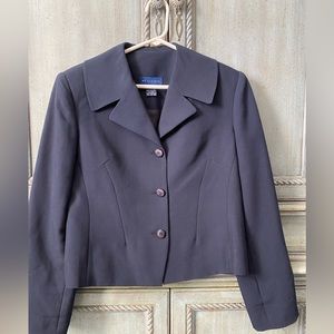 Navy blue short jacket with open notched collar